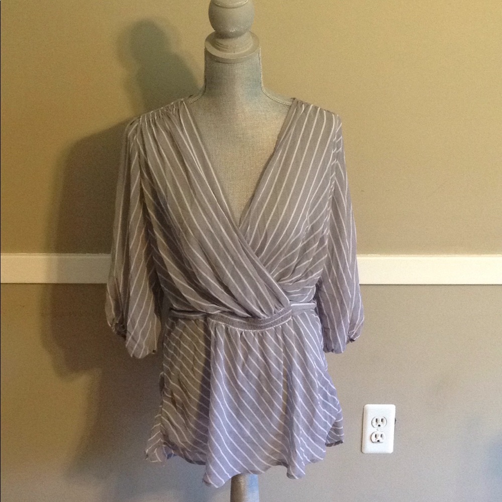Express gray and white sheer faux wrap top